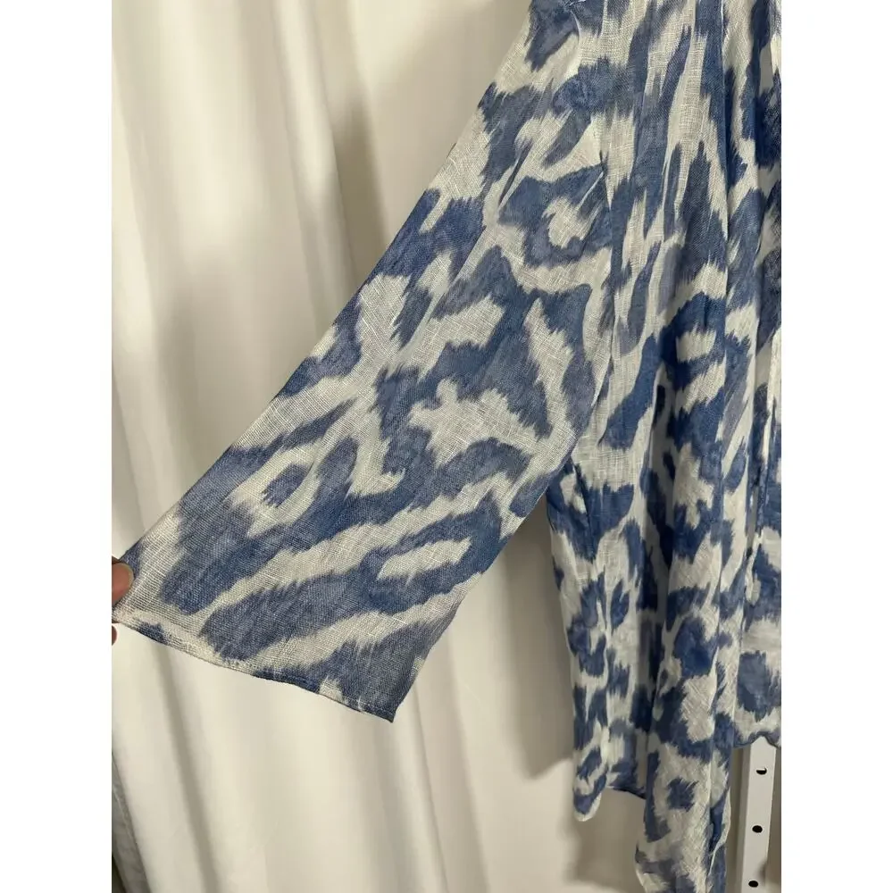 Chico's 100% Linen Open Front Cardigan Blue White Beachy Resortwear 1‎ US Sz M - Picture 3 of 8